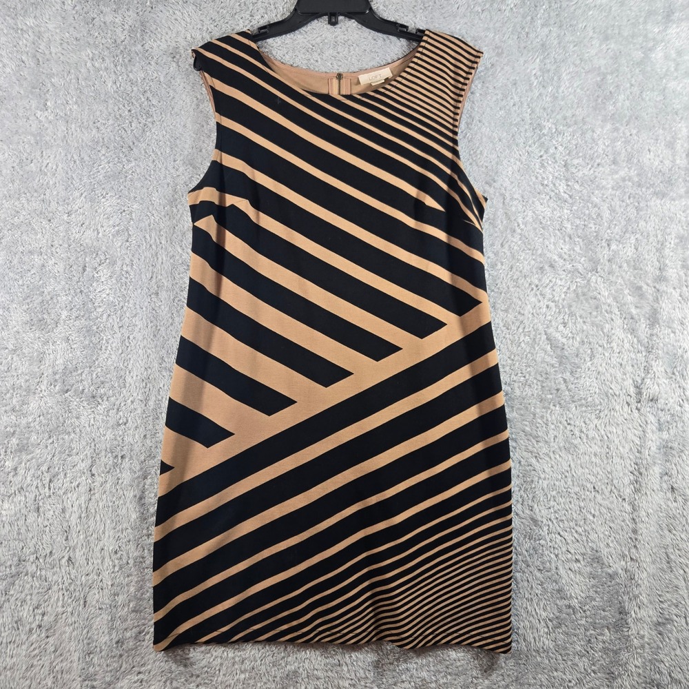 Ann Taylor LOFT Tan Black Geometric Diagonal Stripe Sleeveless Shift Dress 10